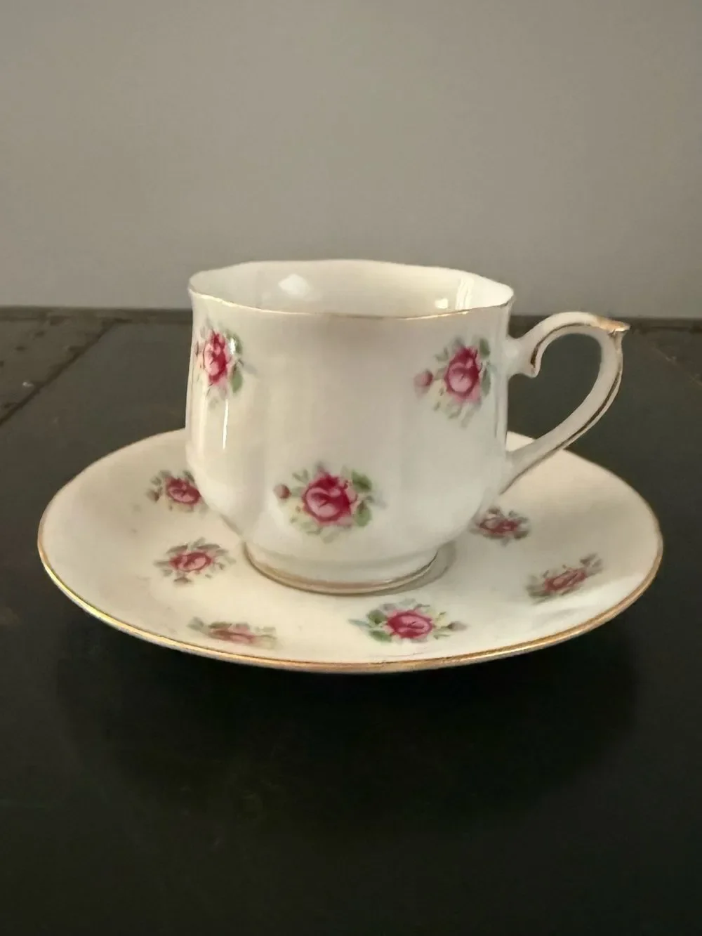 Vintage FTD Korea Teacup & Saucer Set White Gold Trim Pink Flowers